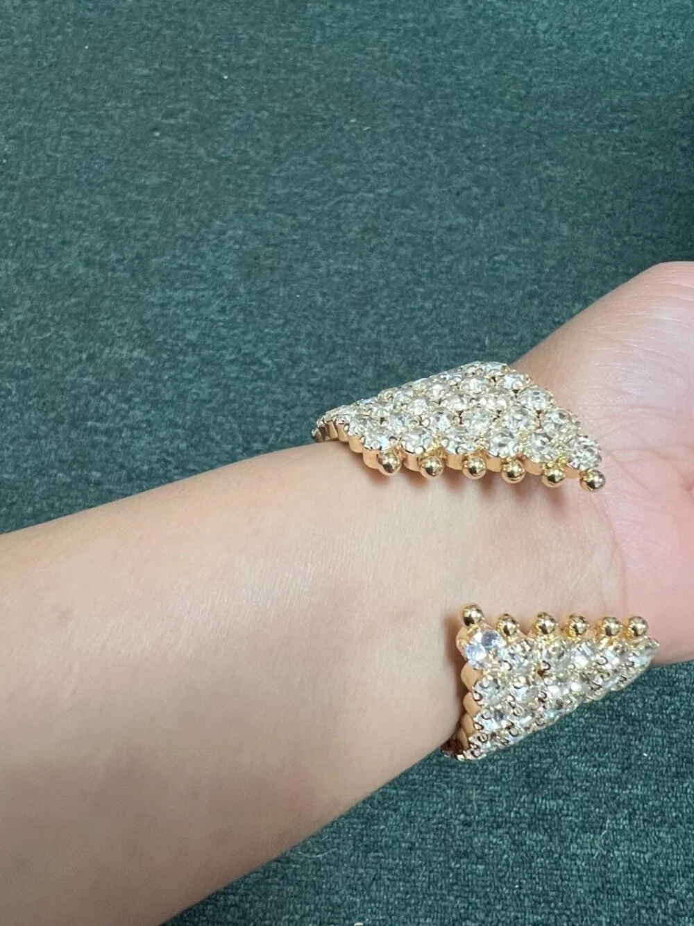 Gold Tone Clear Rhinestone Wide Open Cuff Bracelet Statement